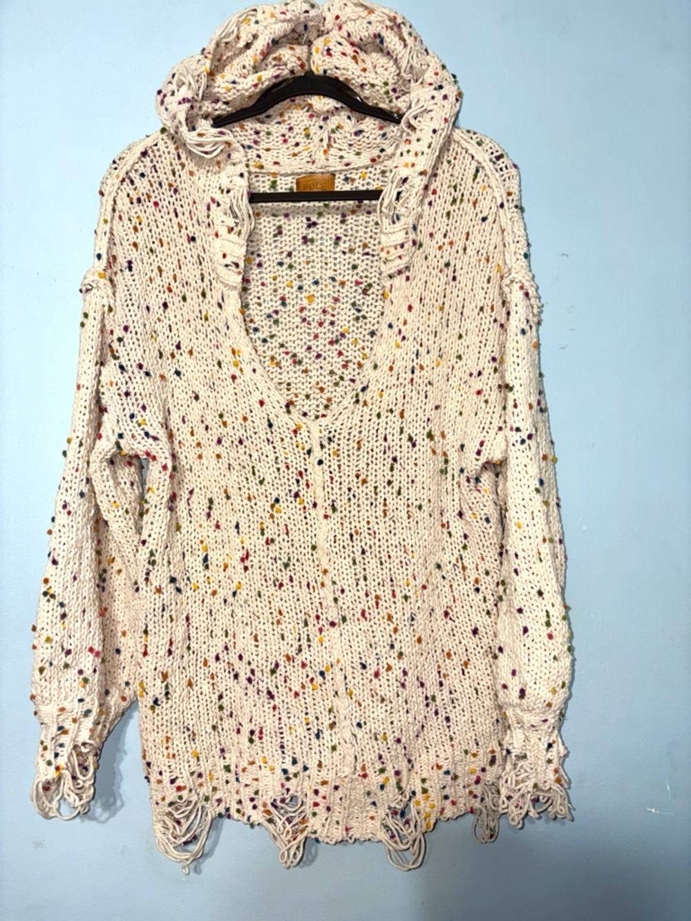 POL Oversized Distressed Funky Street Indie Cream Speckled V-Neck Hooded Sweater
